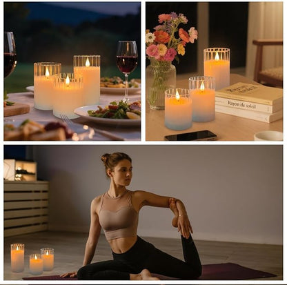 LEDHOLYT Rechargeable Flameless Glass Pillar Candles – Remote & Timer – Set of 3 White Stripes Realistic Flickering LED Light, Ideal for Living Room, Bedroom & Holiday Décor& Gifts for Women