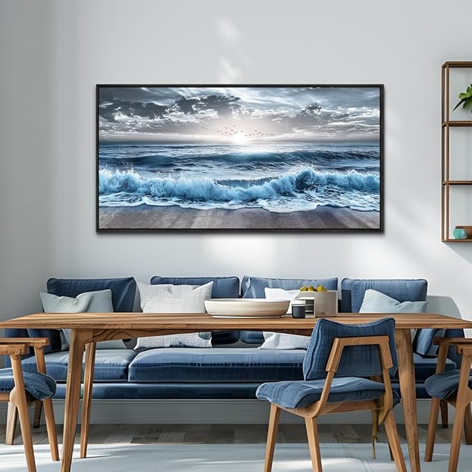 ERQINHUA Large Canvas Wall Decor For Bedroom Wall Art For Living Room Office Decor Blue Beach Sea Wave Paintings Sunrise Ocean Seascape Wall Pictures Artwork Modern Home Decor Black Frame 24x48 In