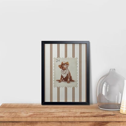Vintage Cowboy Dog Wall Art, Western Puppy Stamp Canvas Print, Farm Rustic Country Animal Wall Decor, Southwestern Poster Oil Painting for Living Room Bedroom Nursery Office 8x10 Inch Framed