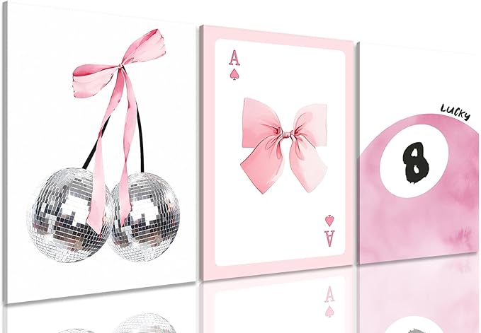 Framed Pink Canvas Wall Decor Set of 3, Pink Bow Wall Art Oil Painting, Girls Preppy Room Decor Picture, Trendy Disco Ball Print Poster for Teen Girl Apartment Bedroom Living Room Aesthetic 12x16 Inch