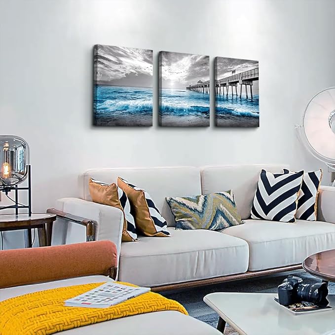 DZRWUBHS Wall Decorations For Living Room 3 Piece Framed Canvas Wall Art Black And White Wall Painting Blue Ocean Sea Wave Pictures