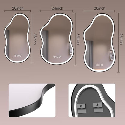 WTTY LED Irregular Bathroom Mirror 26x46 Inch with Front & Back Lights - Asymmetrical Design, Anti-Fog, Dimmable 3 Color Temperatures, Shatterproof Glass, Horizontal or Vertical Mount (Black Frame)