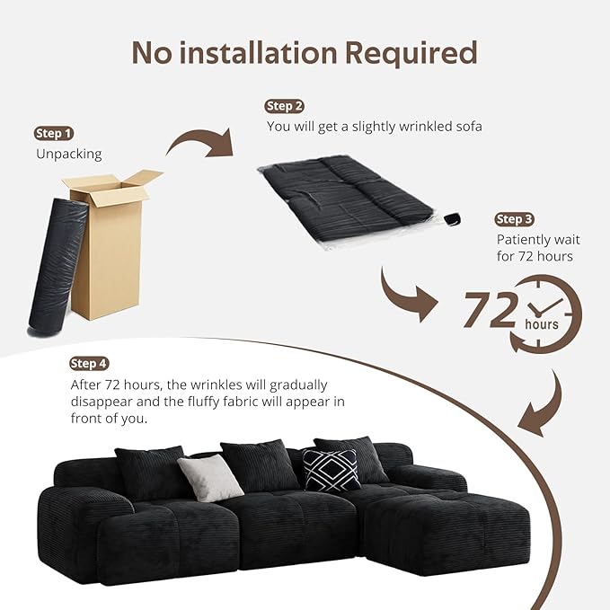 Modern L-Shaped Modular Sectional Sofa for Living Room，Oversized 3-Seater Couch with Deep Seat and Movable Ottoman – No Assembly,Comfortable Suede Fabric Boneless Sofa (Black)