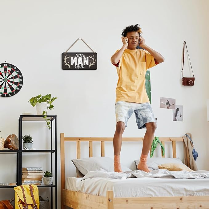 Little Man Cave Sign Door Wall Art Decor, Vintage Little Man Cave Antlers Wooden Wall Decoration, Rustic Brown Hanging Sign for Bedroom Living Room Front Door