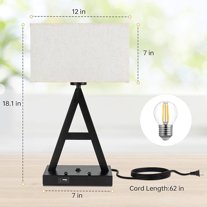 Button Control Table Lamp, Black A-Shape: 3-Way Dimmable Desk Lamp with USB C & USB A Ports, Fabric Shade Bedside Lamp with Phone Stand for Office, Bedroom, Living Room, Includes LED Bulb