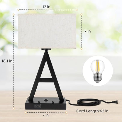 Button Control Table Lamp, Black A-Shape: 3-Way Dimmable Desk Lamp with USB C & USB A Ports, Fabric Shade Bedside Lamp with Phone Stand for Office, Bedroom, Living Room, Includes LED Bulb