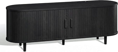 58" Mid Century Modern TV Stand, Wood TV Consoles with Sliding Doors and Power Outlet, Fluted Entertainment Center with Adjustable Shelves, Media Console for Living Room, Black