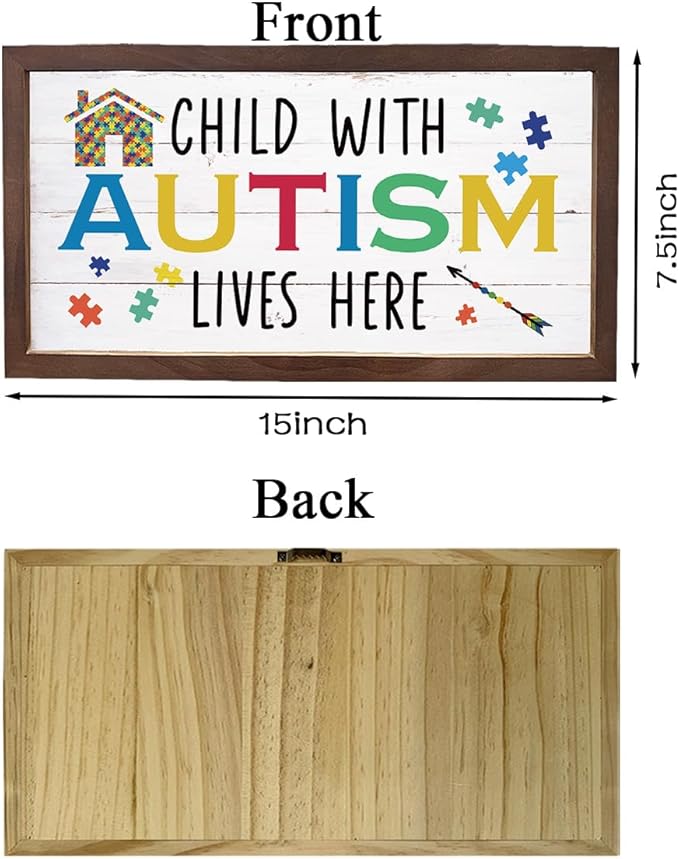 Autism Awareness Wood Sign, Decorative Wooden Wall Plaque, Autistic Decoration for Home Indoor Outdoor, Rustic Farmhouse Wall Decor, Child With Autism Lives Here Sign, 15×7.5×0.3 inches