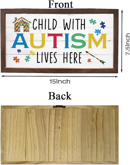 Autism Awareness Wood Sign, Decorative Wooden Wall Plaque, Autistic Decoration for Home Indoor Outdoor, Rustic Farmhouse Wall Decor, Child With Autism Lives Here Sign, 15×7.5×0.3 inches