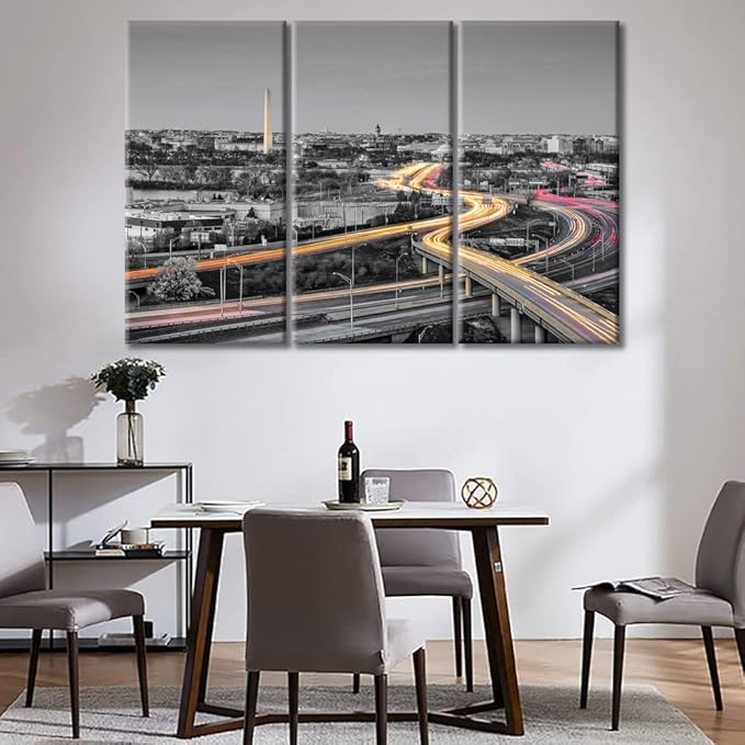 3 Pieces Washington DC Skyline Wall Decor for Living Room American Cityscape Artwork Wall Decor for Bedroom Giclee Wooden Framed Gallery-Wrapped Ready to Hang (60" Wx40 H)