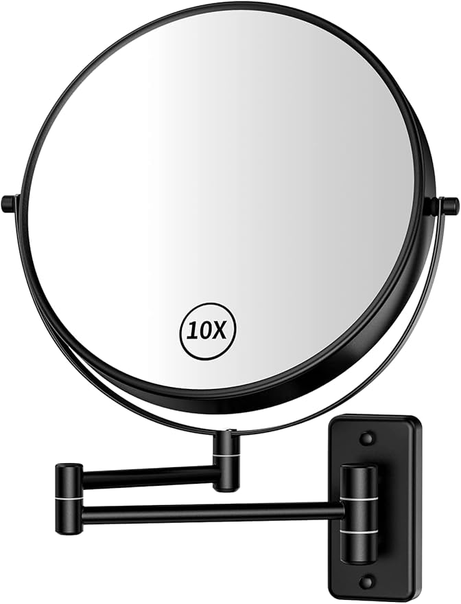 8” Makeup Mirror Wall Mounted, 1X/10X Double-Sided Wall Mount Magnifying Bathroom Mirror with Folding Extendable Arm, 360° Swivel Vanity Shaving Mirror for Bathroom and Makeup, Black (No Light