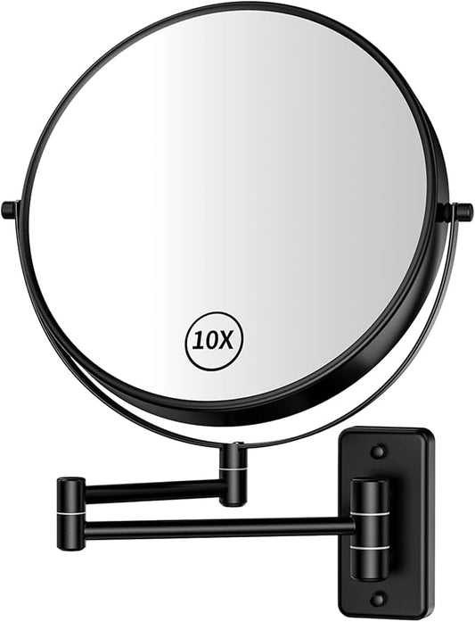 8” Makeup Mirror Wall Mounted, 1X/10X Double-Sided Wall Mount Magnifying Bathroom Mirror with Folding Extendable Arm, 360° Swivel Vanity Shaving Mirror for Bathroom and Makeup, Black (No Light