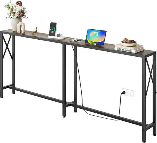 Gewudraw 70" Sofa Tables Narrow Long, Behind Couch Table with Oulets & USB Ports, Industrial Long Skinny Stand for Entryway,Hallway, Living Room, Bedroom 7.9" D x 70" W x 30.3" H