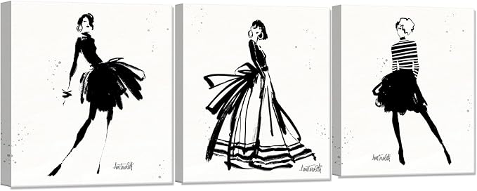 Chadow Artwork 3 Pieces Girl in Black Dress Wall Art Bathroom Art Fashion Women Canvas Pictures for Bedroom Beauty Salon Bathroom Makeup Room Decor 12"x16" (30cmx40cm)