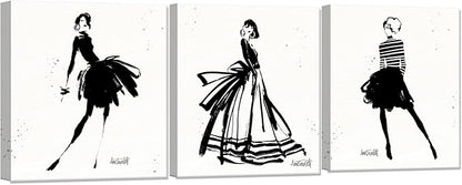 Chadow Artwork 3 Pieces Girl in Black Dress Wall Art Bathroom Art Fashion Women Canvas Pictures for Bedroom Beauty Salon Bathroom Makeup Room Decor 12"x16" (30cmx40cm)