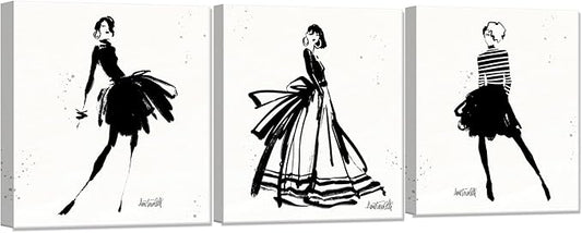 Chadow Artwork 3 Pieces Girl in Black Dress Wall Art Bathroom Art Fashion Women Canvas Pictures for Bedroom Beauty Salon Bathroom Makeup Room Decor 12"x16" (30cmx40cm)