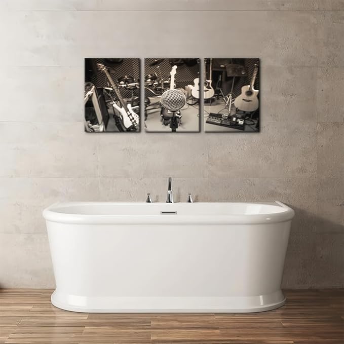 Pacimo 3 Panels Music Artistic Paintings Wall Art The Music of The Band Guitar and Shelf Drum Piano Pictures Print on Canvas for Modern Home Decoration for Living Room Framed Ready to Hang - 12"x16"x3
