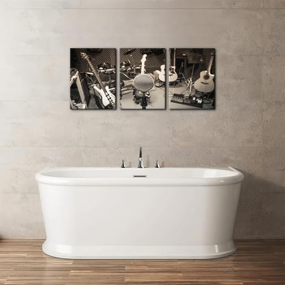 Pacimo 3 Panels Music Artistic Paintings Wall Art The Music of The Band Guitar and Shelf Drum Piano Pictures Print on Canvas for Modern Home Decoration for Living Room Framed Ready to Hang - 12"x16"x3