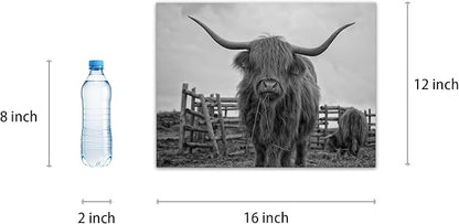 Highland Cow Wall Art Black and White Canvas Picture Animal Poster Framed Art Wall Decor for Living Room Bathroom (12x16 inch)