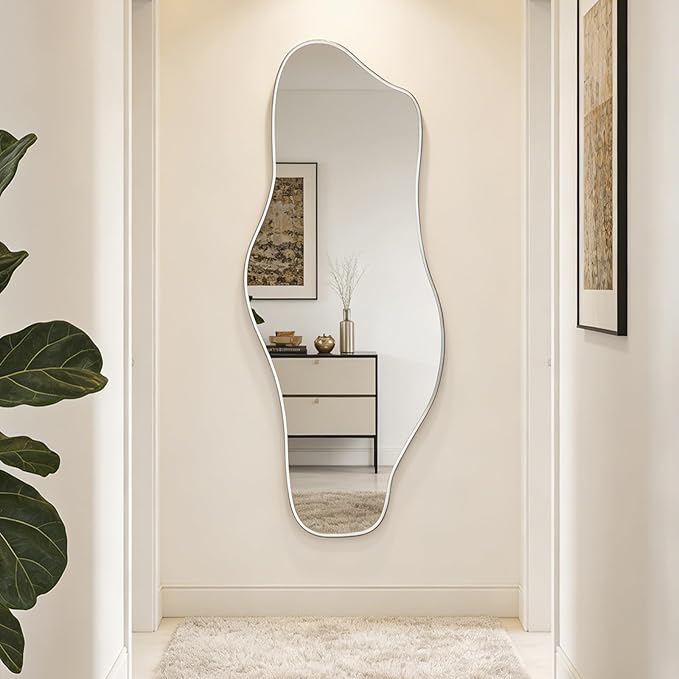 Irregular Wall Mirror, 60"x24" Large Asymmetrical Tempered Glass Mirror, Modern Silver Organic Frameless Mirrors for Living Room Bedroom Hallway Entryway, Horizontal or Vertical Hanging