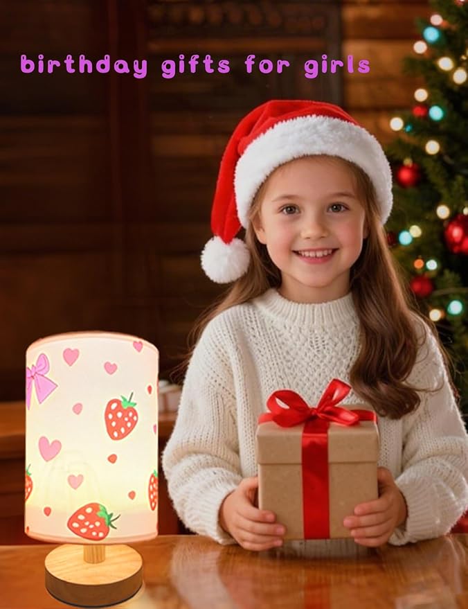 Strawberry Lamp, Strawberry Room Decor for Girls,3 Color Changing LED Night Light with 9 Brightness Levels Wood Nightstand Desk Base Flaxen Fabric Shade for Bedroom Living Room (Pink strawberry)