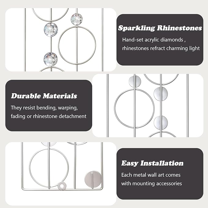 ZEXUIRU 2 Pack Bling Abstract Metal Wall Art Minimalist Line Jeweled Crystal Wall Decor Modern Geometric Rhinestone Hanging Wall Sculpture for Living Room Bedroom Bathroom Office