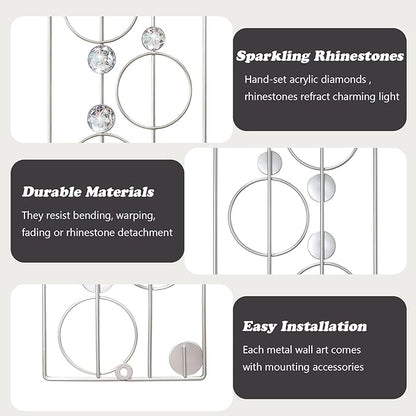 ZEXUIRU 2 Pack Bling Abstract Metal Wall Art Minimalist Line Jeweled Crystal Wall Decor Modern Geometric Rhinestone Hanging Wall Sculpture for Living Room Bedroom Bathroom Office