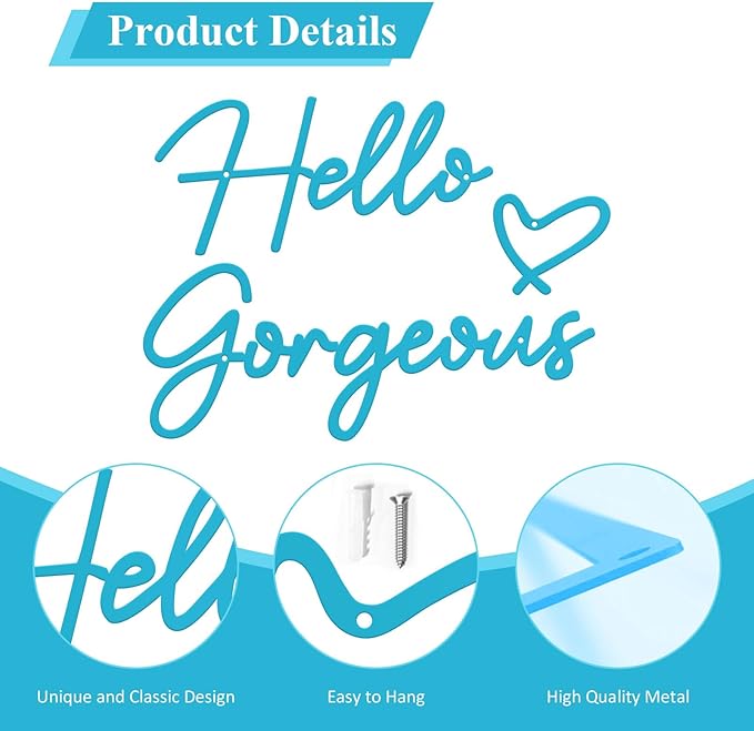 Hello Gorgeous Metal Wall Art Decor Black Modern Hello Gorgeous Signs Farmhouse Metal Wall Art Hanging Decoration for Home Bathroom Living Room Bedroom Office Hotel Wall Decoration (Blue)