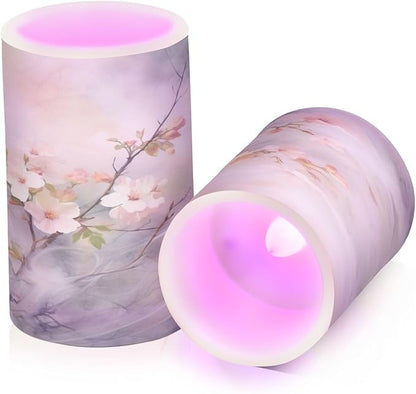 ALAZA Spring Cherry Blossom Flowers Flickering Flameless Candles Battery Operated with Remote Timer,Tea Light Candles LED Pillar Votive Candles Set of 2 for Outdoor Indoor Decorations