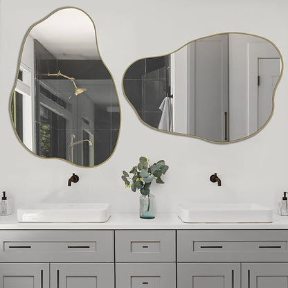 POZINO Gold Irregular Mirror, 30"x20.5" Cloud Shaped Mirrors, Asymmetrical Wall Mirror, Modern Abstract Frameless Mirrors for Living Room Bathroom Bedroom Entryway, Hangs Vertically or Horizontally