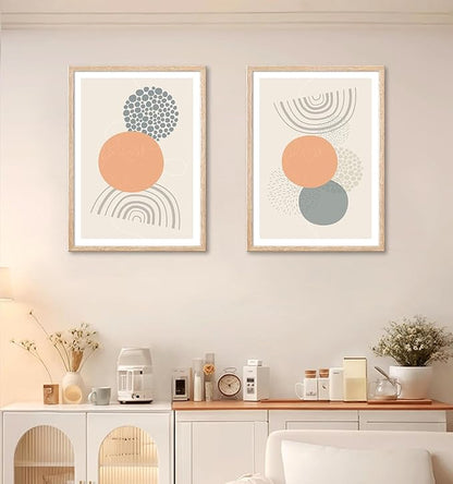 Framed Boho Wall Art Set of 2 Mid Century Modern Wall Decor, Bohemian Sun Geometric Painting, Abstract Canvas Art Print for Living Room Bedroom Dining Room Office Bathroom 12"x16"x2 Panels