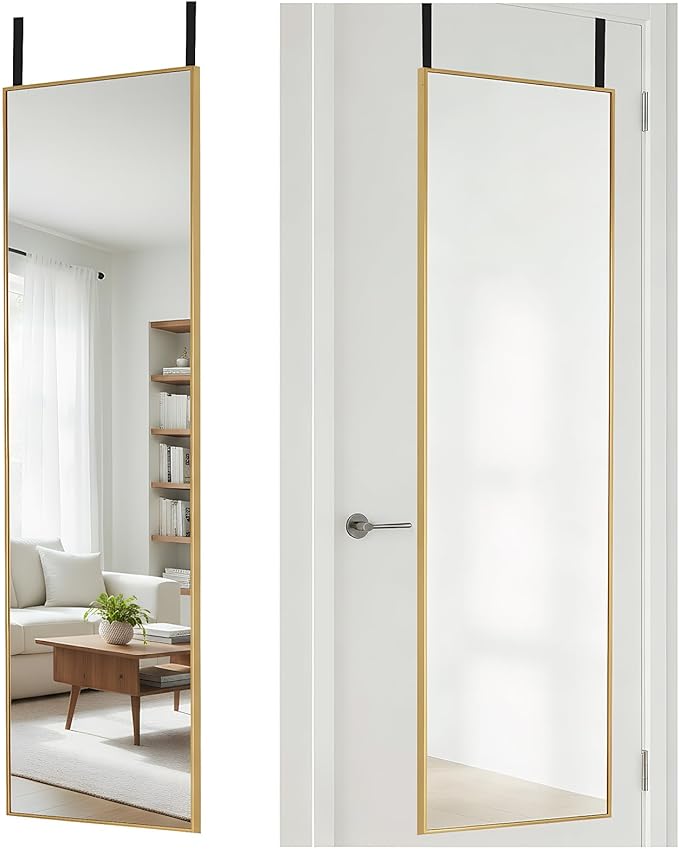 DUMOS 47x14 Full Length Mirror Over the Door, Wall Mounted Full Body Mirror, Door Hanging Metal Aluminum Alloy Frame Dressing Mirror for Bedroom, Living Room, Entryway, Gold