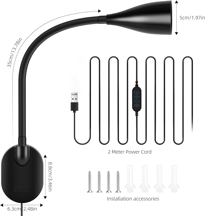 LiFMIRA Wall-Mounted LED Bedside Reading Light with USB Charging Port, 10-Level Dimmable & Adjustable 5 Color, Plug-in Adhesive Night Lamp for Books in Bed, Eye-Caring Bedroom Lighting (Black 2 Pack)