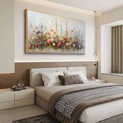 hyidecorart Wood Framed Canvas Print Wall Art Living Room Boho Wall Decor For Bedroom Farmhouse Pastel Watercolor Wild flowers Nature Field Landscape Wall Paintings Pictures Office Wall Art Decor