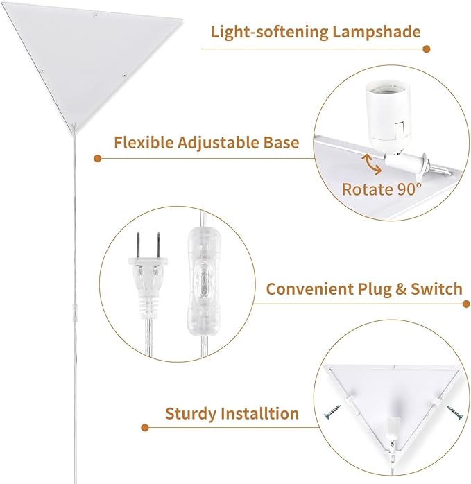 Corner Light with Switch, Ceiling Corner Lights for Living Room, Plug in Ceiling Light for Dark Area, Lamp for Bedroom, Kids Room, Triangle Shape, White Acrylic (1 Pack)
