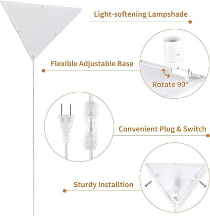 Corner Light with Switch, Ceiling Corner Lights for Living Room, Plug in Ceiling Light for Dark Area, Lamp for Bedroom, Kids Room, Triangle Shape, White Acrylic (1 Pack)