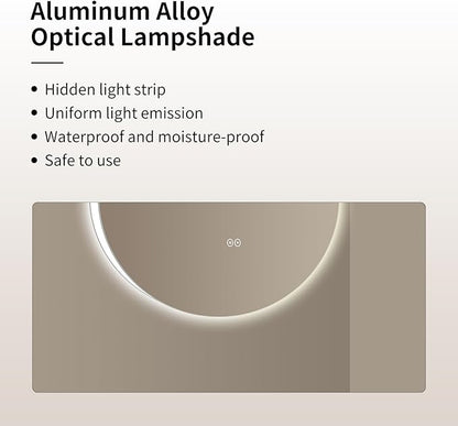 Round LED Bathroom Mirror with Light, Backlit Mirror for Bathroom, Frameless LED Smart Vanity Mirror with 3 Color Lights, Anti-Fog, Smart Touch Button, Shatter-Proof, IP65, 90+ CRI (24" L x 24" W)