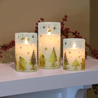 Christmas Battery Operated Flameless Candles Flickering Remote and Timer Glass LED Pillar Candles Moving Wick Real Wax Gold Snowman Christmas Tree Decals Holiday Decor D3 x H4, 5", 6"