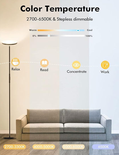 YHW Smart RGB LED Floor Lamp Works with Alexa Google Home, WiFi Remote Modern Tall Standing Light, Super Bright 2000LM Color Changing & Dimmable Sky Torchiere for Living Room, Bedroom (Black)