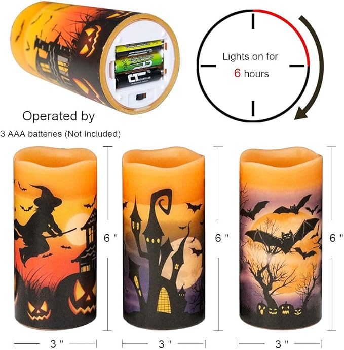 Halloween LED Flameless Pillar Candles Battery Operated with 6 Hour Timer Set of 3 Orange Wax Warm Light Flickering Witch Bats Castle Spooky Decals Halloween Decor Gifts(3 x 6 Inch)