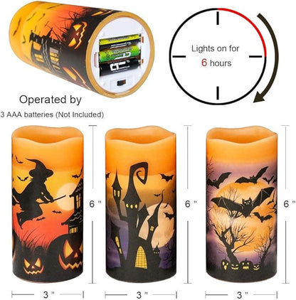 Halloween LED Flameless Pillar Candles Battery Operated with 6 Hour Timer Set of 3 Orange Wax Warm Light Flickering Witch Bats Castle Spooky Decals Halloween Decor Gifts(3 x 6 Inch)