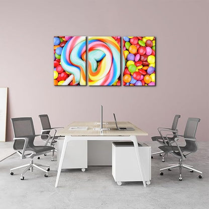 Pacimo 3 Pieces Canvas Print Wall Art Set Variety of Rainbow Candy Food Dessert Pictures Painting Prints on Canvas Modern Artwork Framed Wall Decor for Living Room Bedroom Office - 16"x24"x3