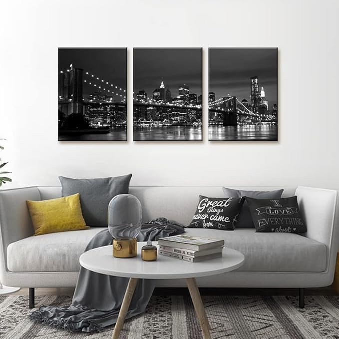 Pacimo New York Brooklyn Bridge Canvas Wall Art 3 Panels Night View Modern Landscape Artwork Cityscape Pictures Prints on Canvas Wall Decor for Home & Office Decoration - 12 x 16 inch x 3