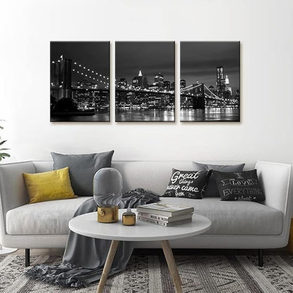 Pacimo New York Brooklyn Bridge Canvas Wall Art 3 Panels Night View Modern Landscape Artwork Cityscape Pictures Prints on Canvas Wall Decor for Home & Office Decoration - 12 x 16 inch x 3