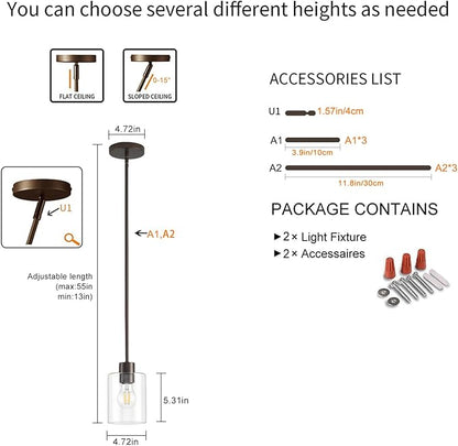 Oil Rubbed Bronze Pendant Lights Kitchen Island - Clear Glass Pendant Light Fixture Multiple Stems Rods 3 Units 12 Inch 3 Units 4 Inch (2 Pack Oil Rubbed Bronze Downrod)