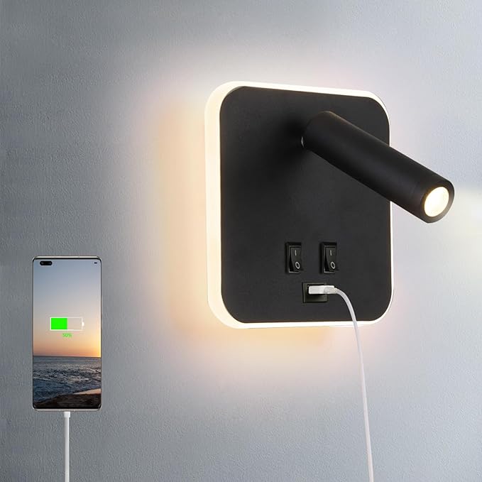 USB Charging Port Wall Wash Light Black Bed LED with Interior Wall Adjustable Spotlight Reading lamp Wall lamp Bedroom Indoor Bedside Lamp 3000K (3W + 10W)