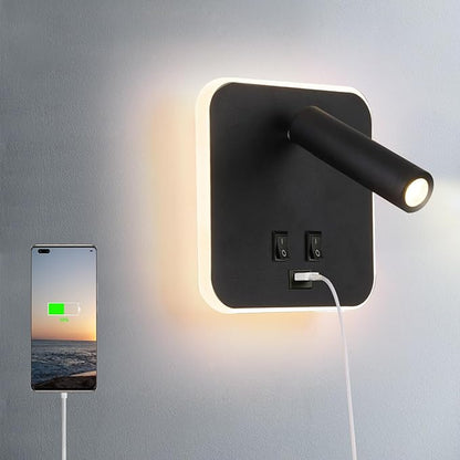 USB Charging Port Wall Wash Light Black Bed LED with Interior Wall Adjustable Spotlight Reading lamp Wall lamp Bedroom Indoor Bedside Lamp 3000K (3W + 10W)