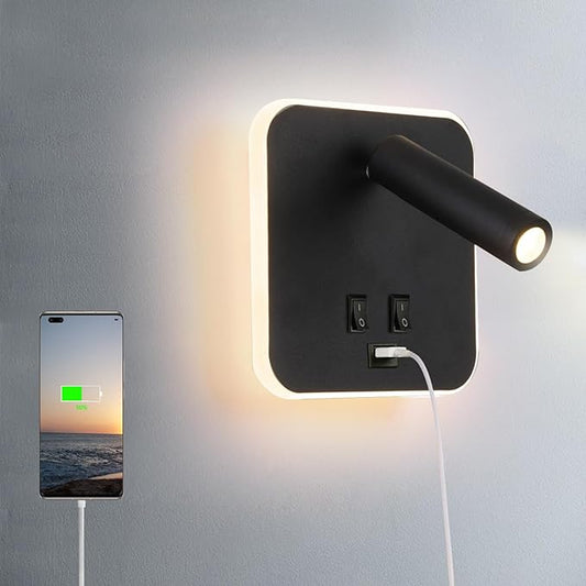 USB Charging Port Wall Wash Light Black Bed LED with Interior Wall Adjustable Spotlight Reading lamp Wall lamp Bedroom Indoor Bedside Lamp 3000K (3W + 10W)