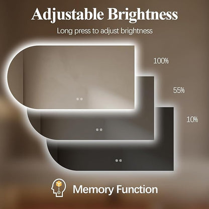 Arched LED Bathroom Mirror, 40"x24" Arch Framless Backlit Mirror with Lights Vanity Mirror for Makeup, Anti-Fog, Dimmable, 3-Color, Memory Function, IP65 Waterproof, UL Listed, Horizontal-Right