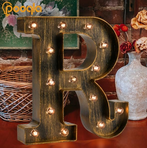 Pooqla Vintage Light Up Marquee Letters with Lights – Illuminated Industrial Style Lighted Alphabet Letter Signs - Coffee Bar Apartment Bedroom Wall Home Initials Decor A-Z